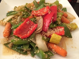 steamed vegetables with quinoa, garlic and lime ponzu sauce